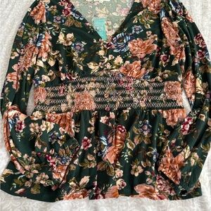 Floral Smocked Waist/Peplum Blouse - Green and Pink